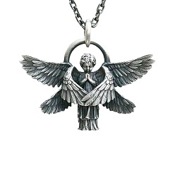 Argent Antique Colliers pendentifs ailes d'ange en alliage pour hommes, argent antique, 23.62 pouce (60 cm)