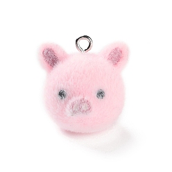 Pink Милые подвески из флокированной смолы, подвески в виде свиньи с платиновыми железными петлями, розовые, 21x20.5x18.5 мм, отверстие : 1.5 мм