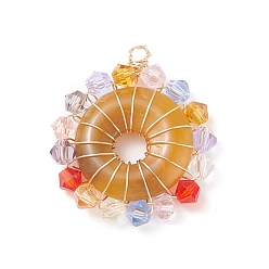 Topaz Jade Natural Topaz Jade Pendants, Donut/Pi Disc Charm, with Colorful Glass Beads and Real 18K Gold Plated Copper Wire Wrapped, 28x25x5mm, Hole: 3mm