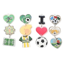 Mixed Shapes Football Printed Acrylic Big Pendants, Heart Charms, with Platinum Iron Loop, Mixed Shapes, 59~64x19.5~22.5x2mm, Hole: 1.5mm