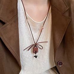 Bear Coffee Bean & Wood Bear Pendant Adjustable Imitation Leather Cord Long Necklaces for Women, Bear, 27.56 inch(70cm), Pendant: 40mm