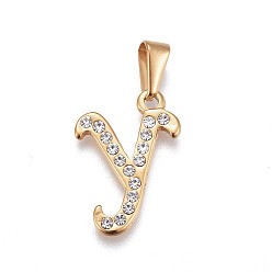 Letter Y 304 Stainless Steel Pendants, with Rhinestone, Letter, Letter.Y, 23x16x2mm, Hole: 3~3.5x7.5~8mm