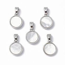 Flat Round Platinum Tone Brass Charms, with Freshwater Shell, Nickel Free, Flat Round, 12x10x3mm, Hole: 4.5x2mm