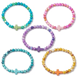 Mixed Color 5 Pcs Synthetic Ocean White Jade & Synthetic Turquoise Stretch Bracelets Sets for Women, Mixed Color, Inner Diameter: 2-1/2 inch(6.4cm)