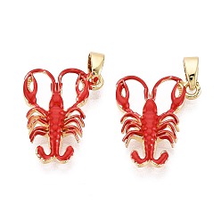 Красный Латунь эмаль подвески, креветки прелести, золотые, красные, 17x13.5~14.5x2.5 мм, отверстие : 5x2.2 мм