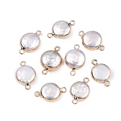 Морская Ракушка Гальванизированный натуральный жемчуг Кеши плоские круглые подвески-коннекторы, культивированный пресноводный жемчуг барочный жемчуг ссылки, золотые, цвет морской раковины, 18~19x11~11.5x5~5.5 мм, отверстие : 1.8 мм