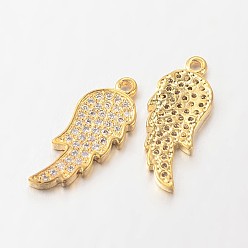 Golden Brass Micro Pave Cubic Zirconia Pendants, Wing, Lead Free & Nickel Free, Golden, 20x8x2mm, Hole: 1mm