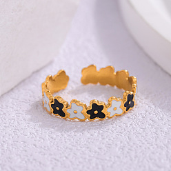 Black 304 Stainless Steel Open Cuff Rings, Flower, with Enamel, Golden, Black, 20mm