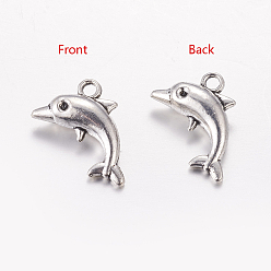 Античное Серебро Тибетском стиле сплава дельфин подвески, без кадмия, без никеля и без свинца, античное серебро, 17.5x11x5 мм, отверстие : 2 мм