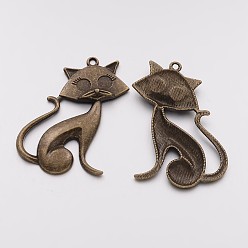 Antique Bronze Tibetan Style Alloy Kitten Pendants, Cadmium Free & Nickel Free & Lead Free, Cartoon Cat Shape, Antique Bronze, 46x30x5mm, Hole: 2mm