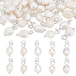 Серебро 50 шт. подвески из натурального культивированного пресноводного жемчуга класса B, с 304 кольцами из нержавеющей стали, цветочный белый, серебряные, 13.5~15x7~7.5x5~6 мм, отверстие : 3.6 мм