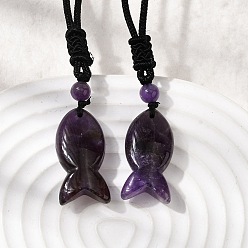 Аметист Кулон в виде рыбы из натурального аметиста на черном нейлоновом шнуре, 28.35 дюйм (72 см)