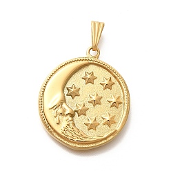 Золотой Вакуумное покрытие pvd 304 подвески из нержавеющей стали, плоский круглый с подвеской в виде луны и звезды, золотые, 29x24.5x4 мм, отверстие : 7.5x3 мм