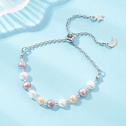 Нержавеющая Сталь Цвет Браслеты-слайдеры из натурального пресноводного жемчуга, с 304 цепями из нержавеющей стали, Луна и звезды, цвет нержавеющей стали, внутренний диаметр: 1.38~7.8 дюйм (3.5~7.8 см)