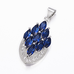 Dark Blue Brass Micro Pave Cubic Zirconia Jewelry Sets, Pendants & Hoop Earrings & Finger Rings, Marquise/Horse Eye, Platinum, Medium Blue, Size 9(19mm), 38.5x17x5.5mm, Hole: 5.5x4mm, 49x17x5.5mm, Pin: 1mm