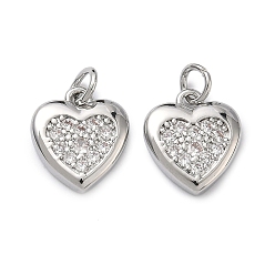 Платина Латунные микропаве прозрачные подвески с фианитом, долговечный, стойки покрытие, без свинца и без кадмия, сердце прелести, платина, 13.5x11.5x2.5 мм, отверстие : 3 мм