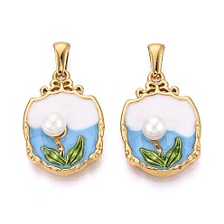 Светло-Голубой 304 подвески из нержавеющей стали, эмали и искусственного жемчуга из АБС-пластика, подвески-самородки с цветочным узором, золотые, Небесно-голубой, 27~28.5x29x7.5~8 мм, отверстие : 7.5x2~3 мм