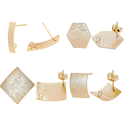 Настоящее золото 18K 16шт 4 латунные серьги-гвоздики в стиле фурнитуры, с вертикальными петлями и ушными гайками 20шт., прямоугольник и ромб и шестиугольник, реальный 18 k позолоченный, 14~25x11~25 мм, отверстие : 1~2 мм, штифты : 0.5~0.7 мм, 4 шт / стиль