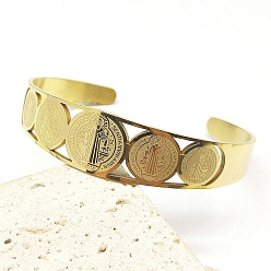Золотой Религия 201 браслеты-манжеты из нержавеющей стали для женщин, плоские круглые с святым Бенедиктом, золотые, внутренний диаметр: 2x2-3/8 дюйм (5.1x6.1 см)