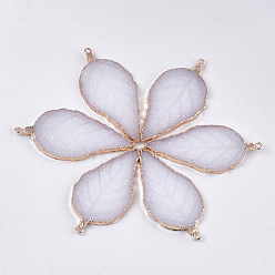 WhiteSmoke Electroplate Druzy Resin Big Pendants, with Iron Findings, Leaf, Light Gold, WhiteSmoke, 56~57x27~28x3mm, Hole: 1.6mm