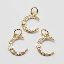 Real 18K Gold Plated Brass Cubic Zirconia Charms, with Synthetic Opal, Moon, Cadmium Free & Lead Free, White, Real 18K Gold Plated, 16.5x13x2mm, Hole: 4.5mm