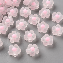 Pink Transparent Acrylic Beads, Frosted, Bead in Bead, Flower, Pink, 12x12.5x6mm, Hole: 2.5mm, about 893pcs/500g