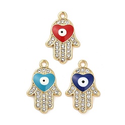 Couleur Mélangete Plaqué or pendentifs en alliage d'émail, avec strass, plaqué longue durée, Main de Hamsa avec breloque cœur et mauvais œil, couleur mixte, 22.5x14.5x3mm, Trou: 2mm
