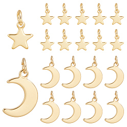 Настоящее золото 18K 60шт 2 стили 304 подвески из нержавеющей стали, с прыжковых колец, очарование звезды и луны, реальный 18 k позолоченный, 10~18x8~11x0.8~1 мм, отверстие : 1~1.4 мм, 30 шт / стиль