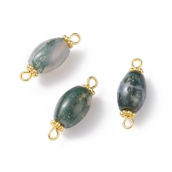 Golden Natural Moss Agate Connector Charms, with Alloy Beads and Brass Findings, Oval, Golden, 22x8.5x8.5mm, Hole: 1.8mm
