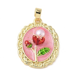 Pink Латунь эмаль подвески, с пластиковой имитацией жемчуга, стойки покрытие, долговечный, без кадмия и без свинца, реальный 18 k позолоченный, овал с цветочной подвеской, розовые, 23x18x5 мм, отверстие : 3x5 мм