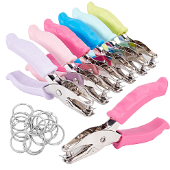 Mixed Color 12Pcs 6 Colors Iron Round Single Hole Puncher, with TPR Handle and 14Pcs Iron Loose Leaf Book Binder Hinged Rings, Mixed Color, 138x63x20mm, 2pcs/color