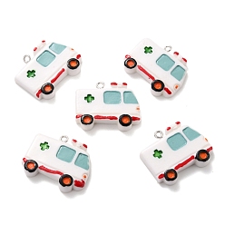White Resin Pendants, with Platinum Tone Iron Loop, Ambulance, White, 23.5x28.5x5mm, Hole: 2mm