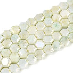 Нектар Антикоррозийные гальванические стеклянные бусины, имитация драгоценных камней, шестиугольник, с покрытием AB цвета, граненые, два тона, нектар, 5x6x3 мм, отверстие : 0.9~1 мм, около 73~74 шт / нитка, 14.96~15.16'' (38~38.5 см)