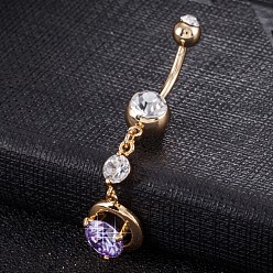 Lila Piercing-Schmuck, umweltfreundlicher Nabelring aus Zirkonoxid aus Messing, Bauchringe, mit 304 Edelstahlleiste, echt 18 k vergoldet, Runde, lila, 48x11 mm, Stangenlänge: 3/8"(10mm), Stange: 14 Spurweite(1.6mm)