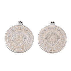 Stainless Steel Color 304 Stainless Steel Pendants, Flat Round with Flower Pattern Charms, Stainless Steel Color, 25x21.5x2mm, Hole: 2mm
