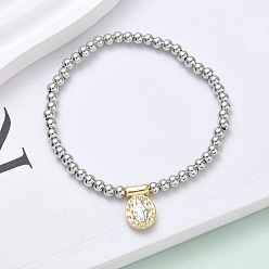 Jesus Браслеты с овальными подвесками из латуни, латунные круглые бусины эластичные браслеты для женщин, стойки покрытие, долговечный, без свинца и без кадмия, настоящее золото и платина, Иисус, внутренний диаметр: 1-7/8 дюйм (4.8 см)