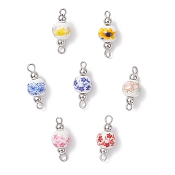 Нержавеющая Сталь Цвет Подвески-коннекторы из фарфора и керамики с цветочным принтом ручной работы, с 304 двойными петлями из нержавеющей стали, разноцветные, цвет нержавеющей стали, 20x8.5 мм, отверстие : 2 мм