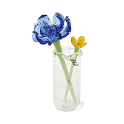 November Chrysanthemum Набор для украшения стола, состоящий из цветов и вазы, изготовленных вручную методом лэмпворк., Плут синий, ноябрьская хризантема, 24.5~32.5x23.5~32.5x43~52 мм