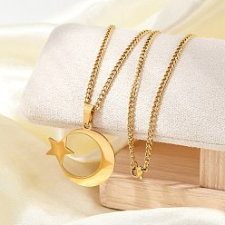 Настоящее золото 18K 201 подвеска из нержавеющей стали в виде полумесяца и звезды, витая цепочка ожерелья, мусульманские исламские ожерелья, реальный 18 k позолоченный, 23.82 дюйм (60.5 см)