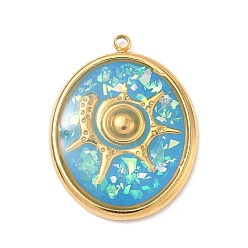 Темно-Голубой 304 подвески из нержавеющей стали, эпоксидной смолы, с натуральными ракушками и пайетками внутри, овальные с подвесками в форме ракушек, реальный 18 k позолоченный, вакуумное покрытие pvd, глубокое синее небо, 25x19.5x3 мм, отверстие : 1.5 мм