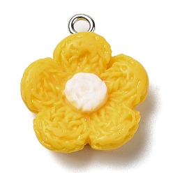 Gold Opaque Resin Pendants, Flower Charms with Platinum Plated Iron Loops, Gold, 20x18x6mm, Hole: 2mm