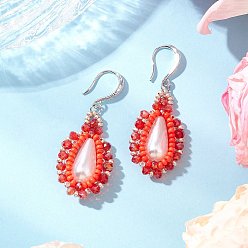 Красный Серьги-подвески из искусственного акрилового жемчуга и стекла, с  латунными крючками для серег, слеза, платина, красные, 49x19.5 мм