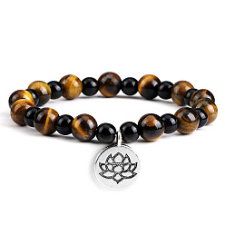 Тигровый глаз Браслеты с подвесками из круглых бусин из натурального тигрового глаза для йоги, плоские круглые браслеты с подвесками в виде лотоса для мужчин и женщин, с черным агатом