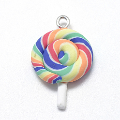 Colorful Handmade Polymer Clay Pendants, Lollipop, Colorful, 28~33x19~21x6~7mm, Hole: 2mm
