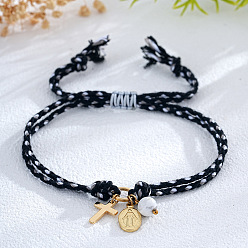 Черный Латунь шарм браслеты, Регулируемые браслеты из плетеного хлопкового шнура для женщин и мужчин, крест и овал с девой марией, чёрные, 11.02 дюйм (28 см)