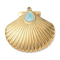 Light Blue 304 Stainless Steel with Enamel Pendants, Shell Shape Charms, Ion Plating(IP), Real 18K Gold Plated, Light Blue, 36.5x36.5x3mm, Hole: 2mm