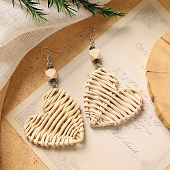 Сердце Богемные серьги-подвески из дерева и ротанга, сплетенные из разных пород дерева., с кокосом, платина, сердце, 80x55 мм