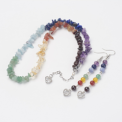 Platinum Mixed Gemstone Jewelry Sets, Beaded Necklaces & Dangle Earrings, with Brass Earring Hooks, Platinum, 17.1 inch(43.5cm), 88mm, Pin: 0.6mm