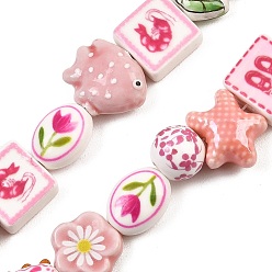 Pink Печатные ручной фарфоровые бусы, разнообразные, розовые, 13~29x12~29.5x8~10.5 мм, отверстие : 1.6~3 мм, около 23~25 шт / нитка, 13.58~14.17'' (34.5~36 см)