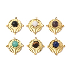 Настоящее золото 18K Природные каменные смешанные подвески, плоские круглые прелести, с 304 установками из нержавеющей стали, ионное покрытие (ip), реальный 18 k позолоченный, 18x18x5 мм, отверстие : 1 мм